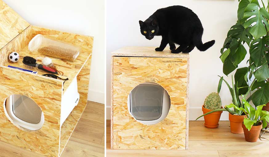 DIY pour fabriquer une jolie maison de toilette pour chat avec rangements 