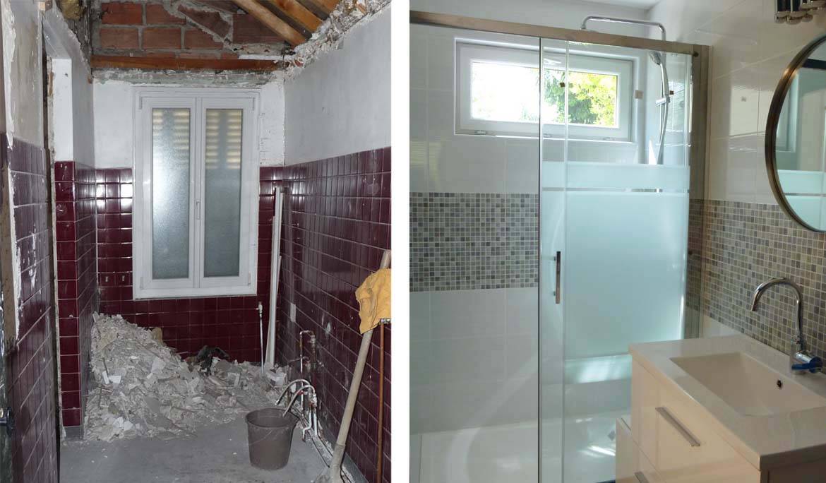 Avant après - Rénovation d'une petite salle de bain en longueur