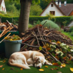 un chien se repose devant un amas de déchets verts dans un jardin